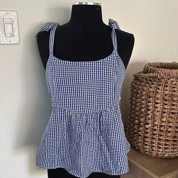 NWT Old Navy Blue Checkered Flowy Top with Bow Tie Shoulder straps - Large - Picture 1 of 7